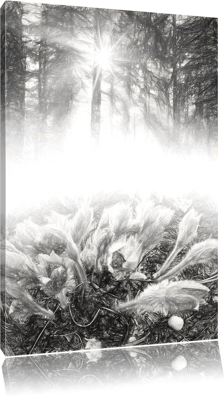 Pixxprint blühende lila Blumen im Wald Kunst Kohle Effekt, Format: 100x70 auf Leinwand, XXL riesige