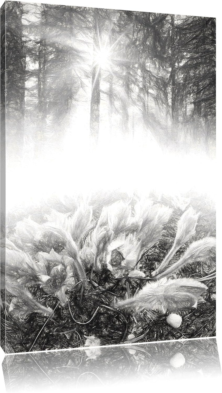 Pixxprint blühende lila Blumen im Wald Kunst Kohle Effekt, Format: 100x70 auf Leinwand, XXL riesige