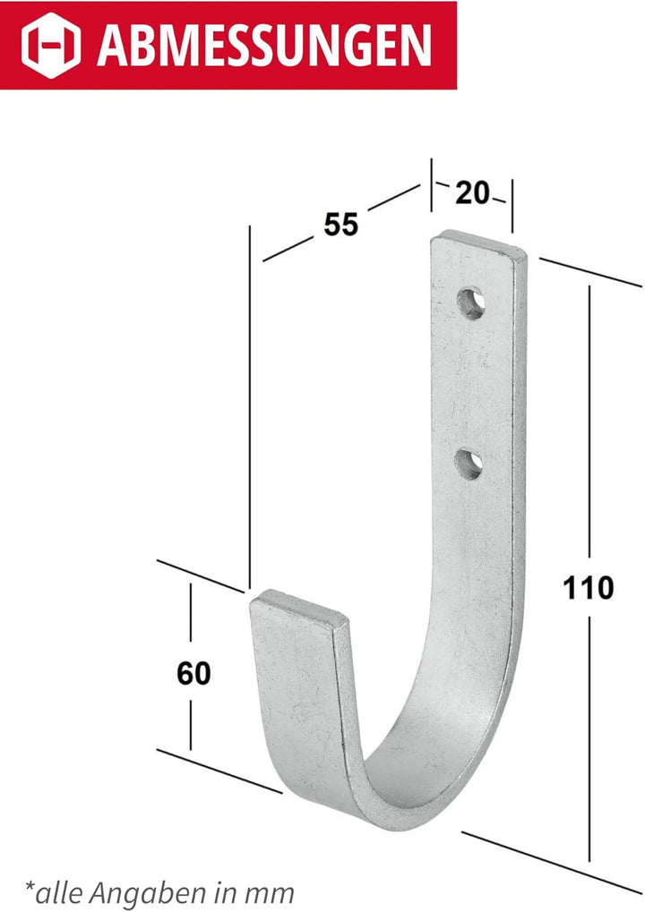 Gedotec Wandhalterung - Universal-Haken Stahl verzinkt | 10 Stück Leiterhaken gebogen 55 x 110 mm |