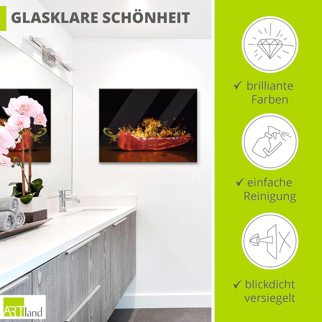 ARTland Glasbilder Wandbild Glas Bild einteilig 80x60 cm Querformat Essen Gewürze Chili Feuer Pepero