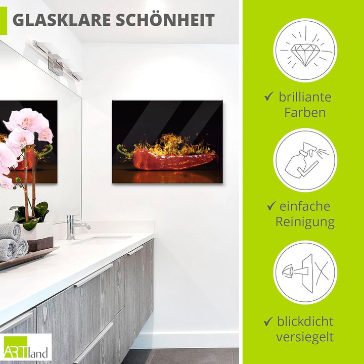 ARTland Glasbilder Wandbild Glas Bild einteilig 80x60 cm Querformat Essen Gewürze Chili Feuer Pepero