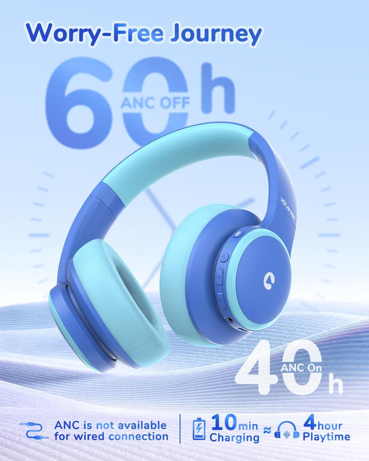 iiClever Noise Cancelling Bluetooth Kopfhörer Kinder, 60 Spielzeit, Sichere Lautstärke 80 dBA, Typ-C