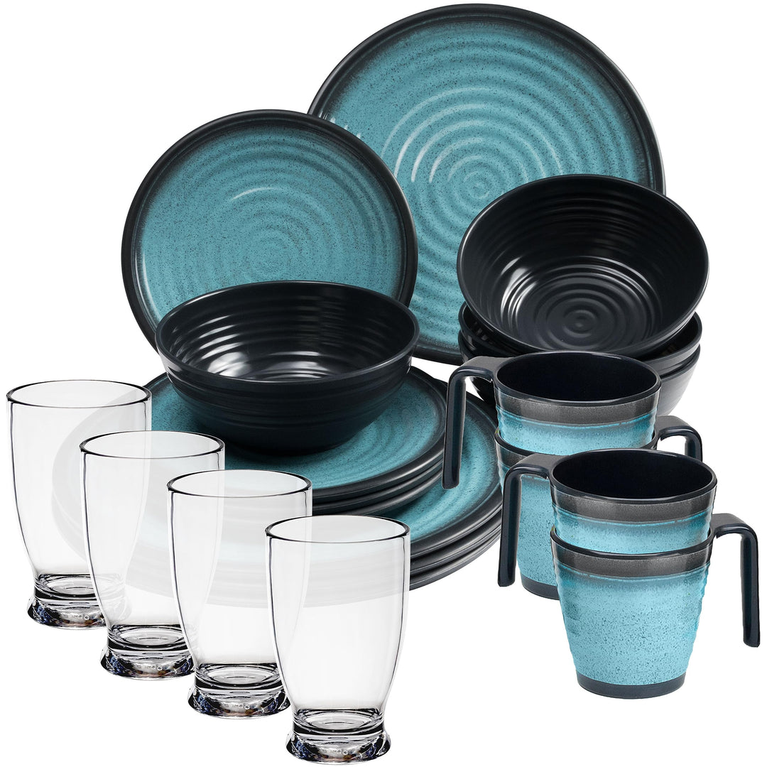 Melamin Geschirr Set 20 Teile elegante Steingut Optik blau mit 380ml klar 4 20 Teile - Trinkglas 380