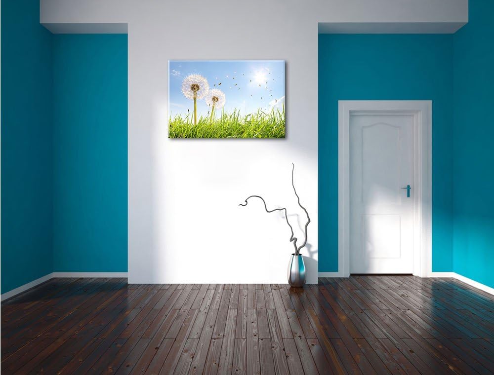 Pusteblumen auf sonniger Frühlingswiese Format: 100x70 auf Leinwand, XXL riesige Bilder fertig gerah