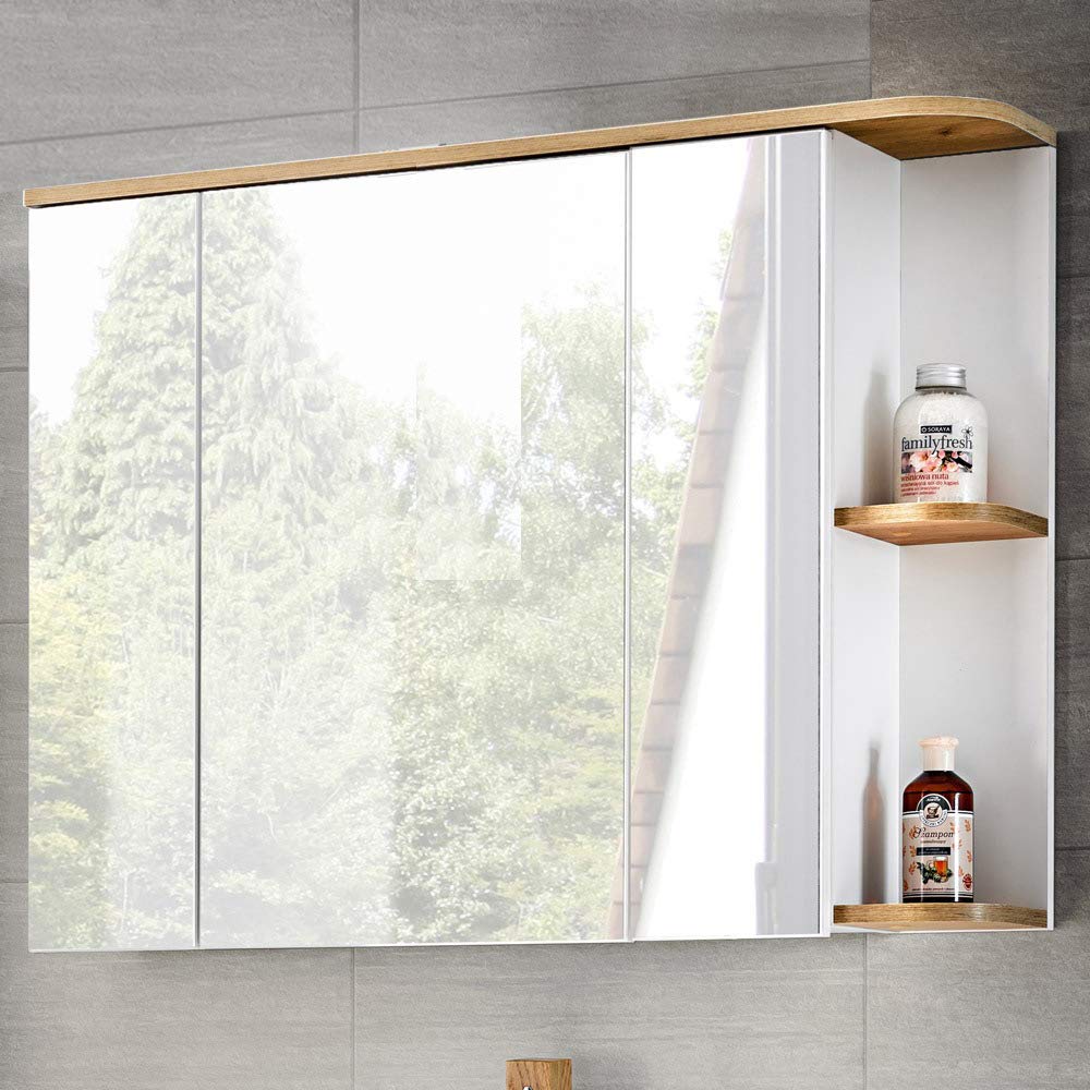 Lomadox Spiegelschrank in weiss mit Wotaneiche, 3D-Spiegeltüren, B x H x T ca. 94 x 71 x 20 cm