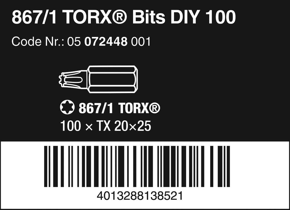 Wera 05072448001 867/1 Z TORX® DIY Bits, TX 20 x 25 mm, 100-teilig, TX 20 x 25 mm