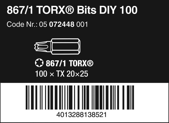 Wera 05072448001 867/1 Z TORX® DIY Bits, TX 20 x 25 mm, 100-teilig, TX 20 x 25 mm