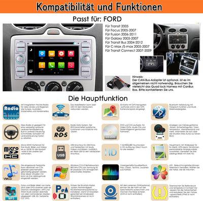 iFreGo7 Zoll 2 Din Autoradio Bluetooth Für Ford Focus/C-max/S-max/Galaxy/Fusion/Transit/Connect,GPS