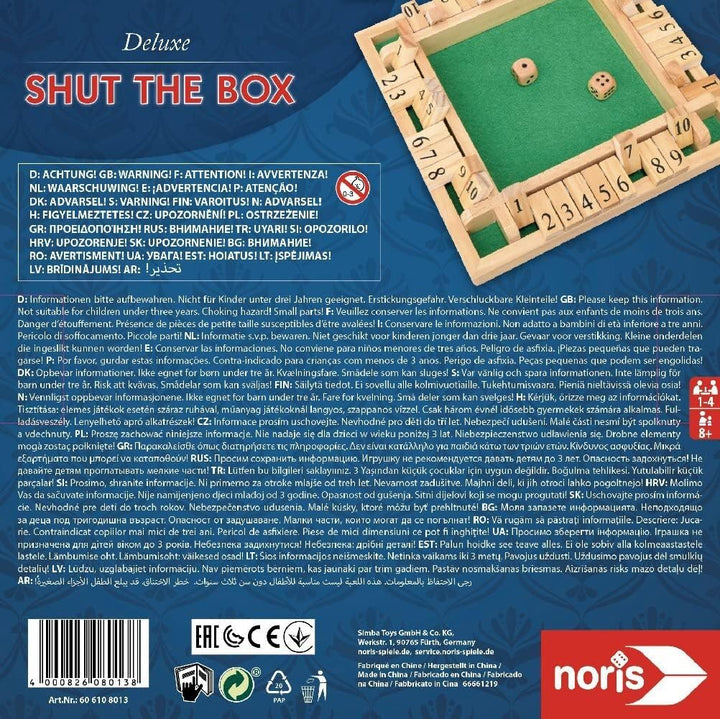Noris 606108013 Deluxe Shut The Box - Das Beliebte Würfelspiel Aus Holz Für 1 Bis 4 Spieler Ab 8 Jah