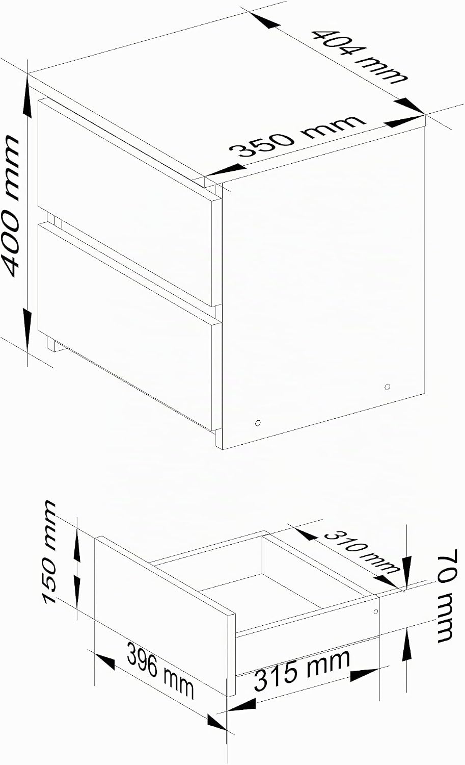 AKORD Nachttisch in minimalistischer Optik, mit 2 Schubladen, B40 x H40 x T35 cm Erle, Erle