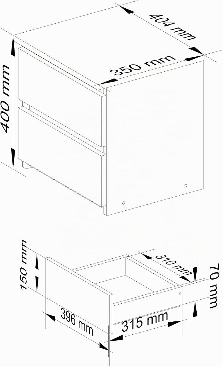 AKORD Nachttisch in minimalistischer Optik, mit 2 Schubladen, B40 x H40 x T35 cm Erle, Erle