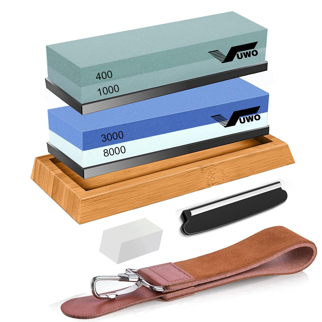 vuwo Schleifstein Set für Messer - Wetzstein Körnung 400/1000 3000/8000 Japanischer Abziehstein mit