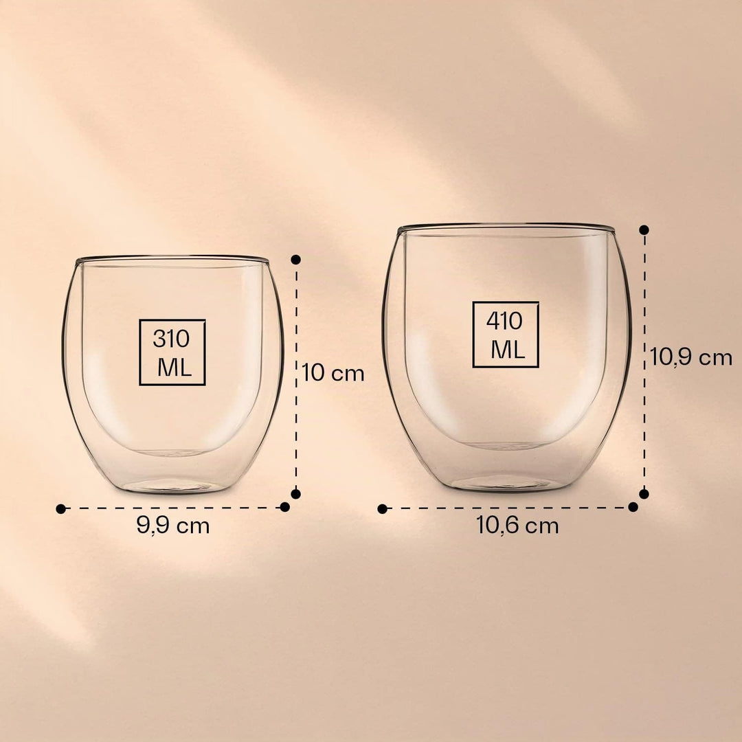 DUOS® Jumbo 4er Set Latte Macchiato Gläser Doppelwandig 2x 310ml + 2x 410ml + 4x Löffel, Doppelwandi