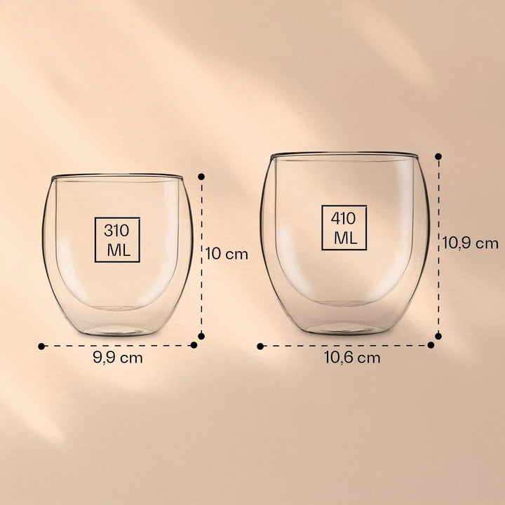DUOS® Jumbo 4er Set Latte Macchiato Gläser Doppelwandig 2x 310ml + 2x 410ml + 4x Löffel, Doppelwandi