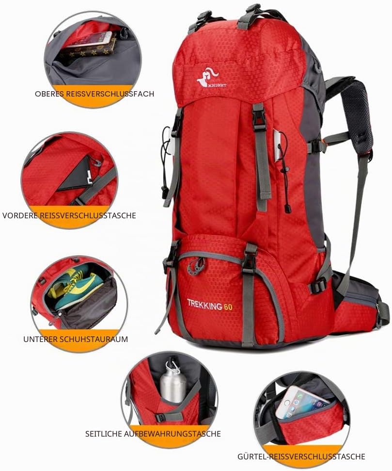 Bseash 60L Wasserdichter leichter Wanderrucksack mit Regenschutz, Outdoor Sport Tagesrucksack Multif