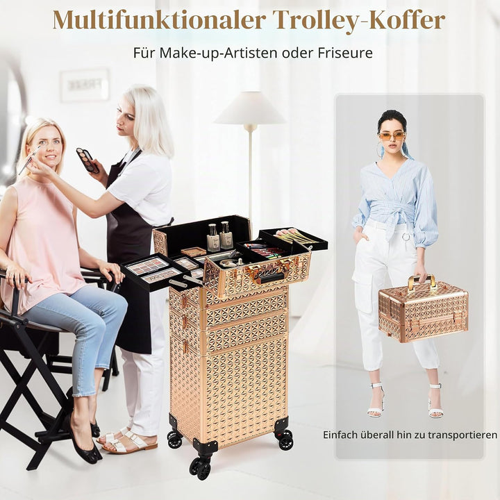 Arous 5-in-1 Profi-Kosmetikkoffer, Aluminium, mit 360° drehbaren Rädern Gold, Gold