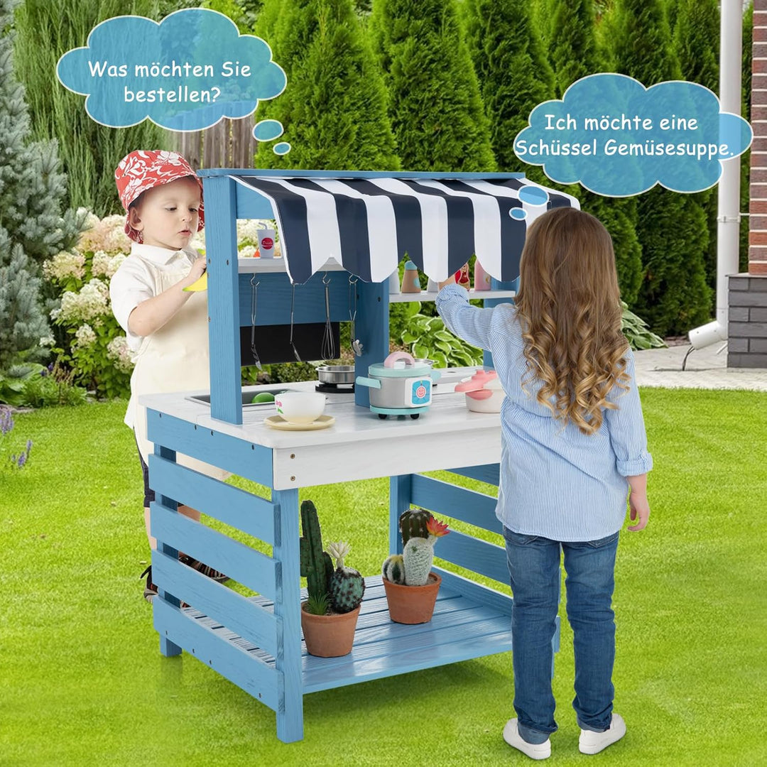 DREAMADE Matschküche Kinder Outdoor, Kinderküche aus Tannenholz mit Dach, Wassertank, Wasserhahn, Sp