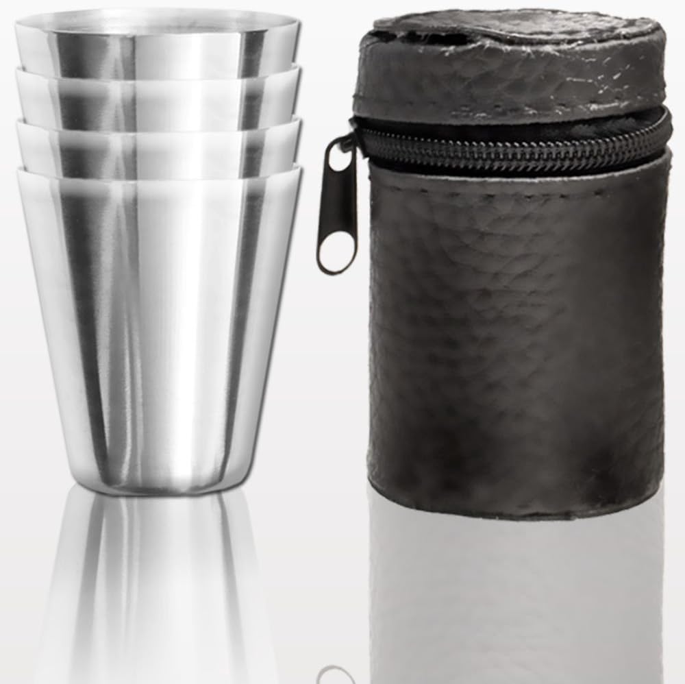 Edelstahl Flachmann Geschenk-Set, Brust-Flasche, Einfüll-Trichter, 4 Becher, Leder-Tasche, in Gesche