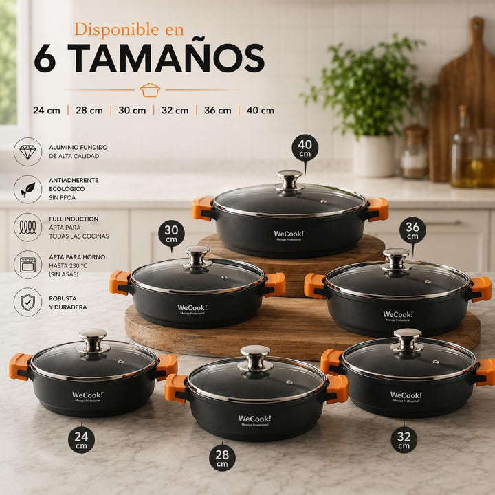 WECOOK! Ecochef Titan Niedrige Kochtopf 24 cm Induktion mit Glasdeckel, Antihaftbeschichtung QUANTAN