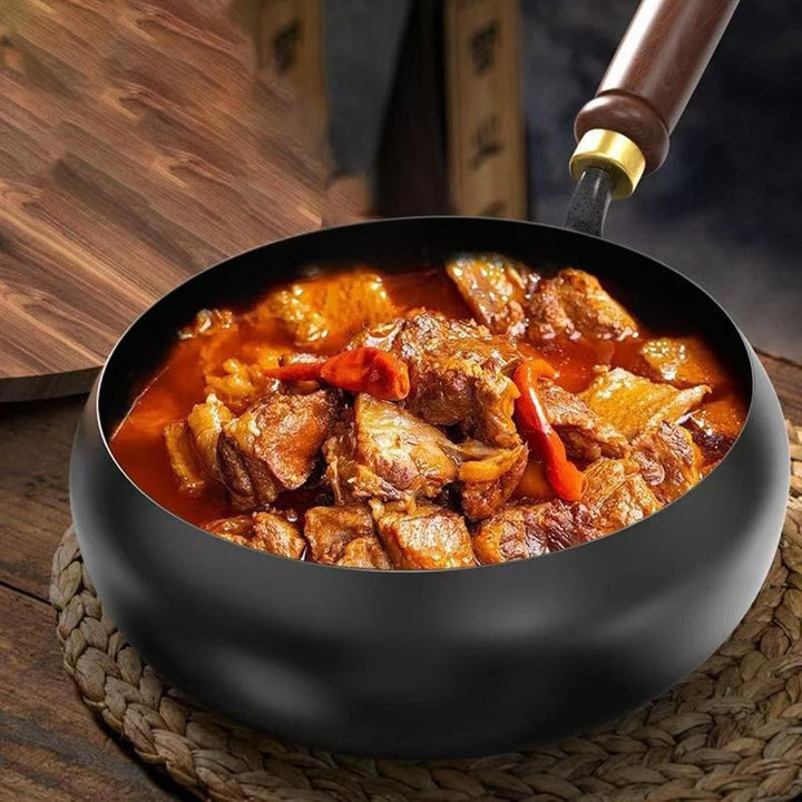 Eisentöpfe zum Kochen, multifunktionaler Wok mit flachem Boden, Holzgriff, 24 cm Durchmesser, Eisen-