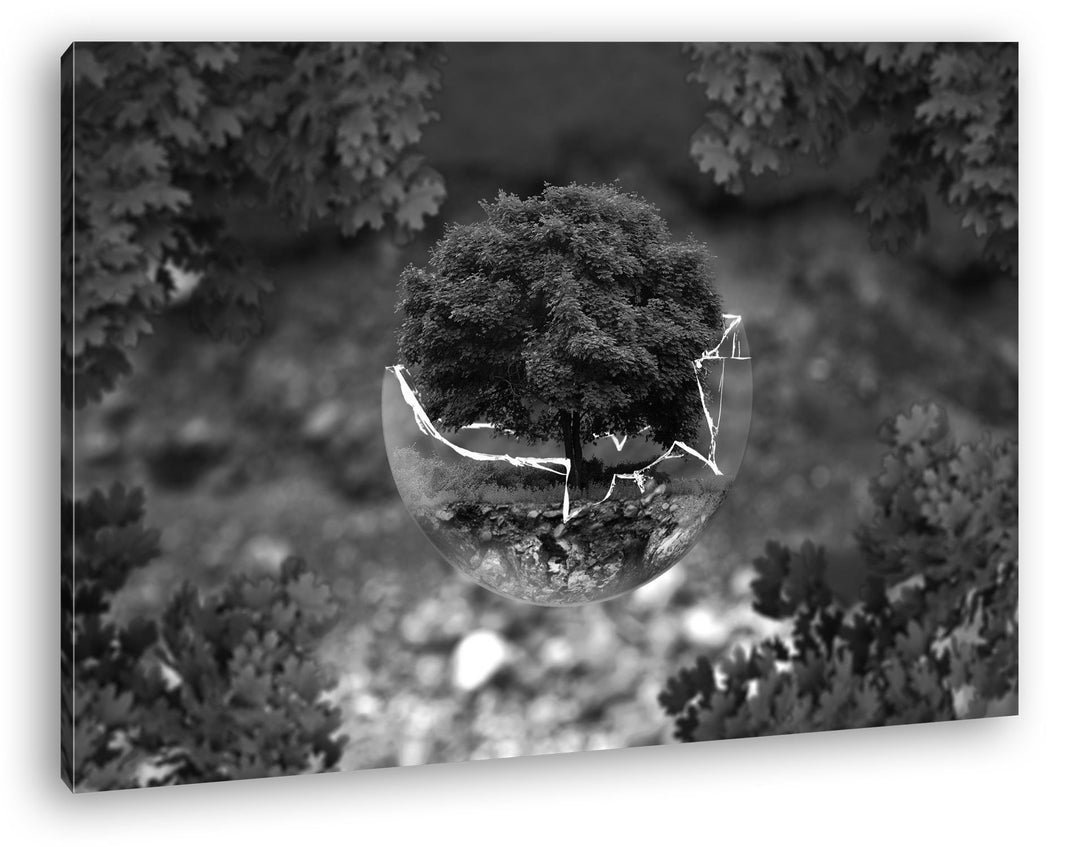 deyoli zerbrochene Glaskugel mit einem Baum Effekt: Schwarz/Weiss Format: 100x70 als Leinwandbild, M