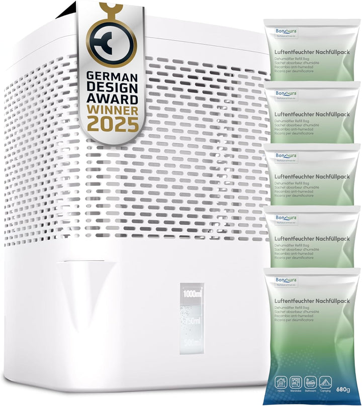 BonAura® AirOne Luftentfeuchter ohne Strom bis 23m² I 360° Belüftung I Raumentfeuchter mit Ausgiesse