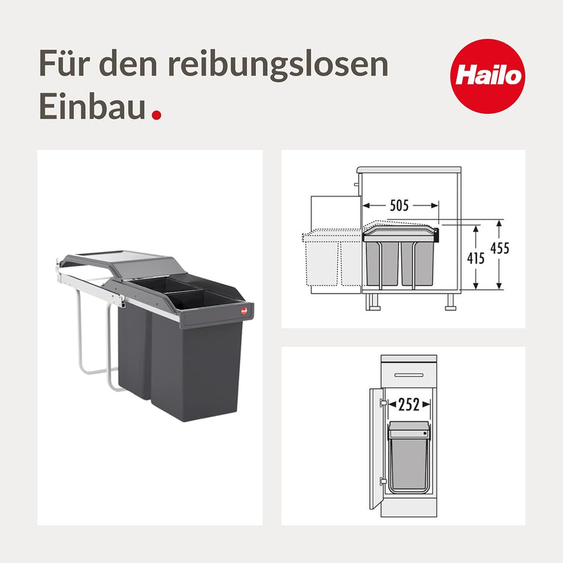 Hailo Tandem Küchen-Abfalleimer, Plastik, Grau, One
