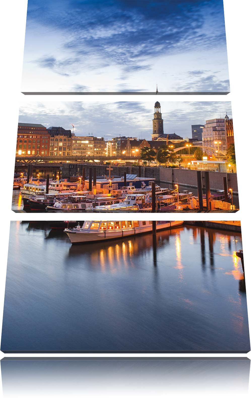 Pixxprint Hamburger Hafen am Abend als Leinwandbild - Grösse: 3-Teilig (120x80cm) - Wandbild - Kunst
