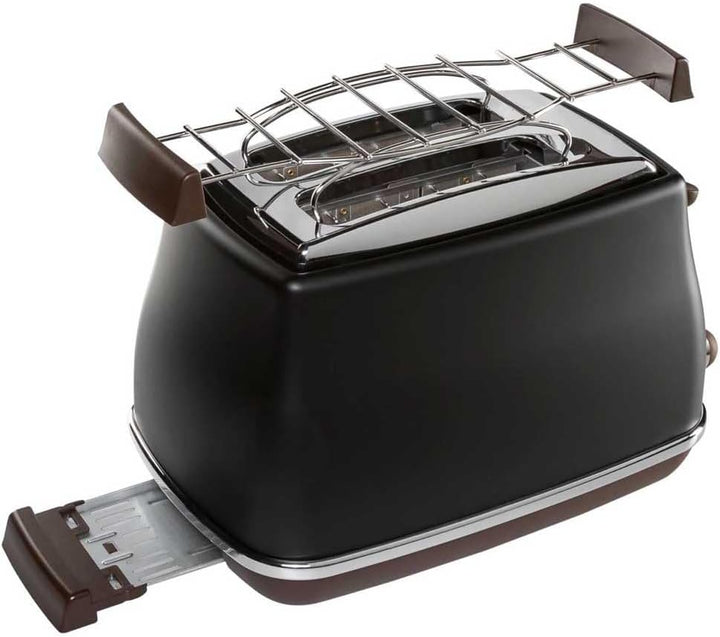 De'Longhi Toaster Icona Vintage CTOV2103.BK - 2-Schlitz-Toaster mit Brötchenaufsatz, Edelstahl in el