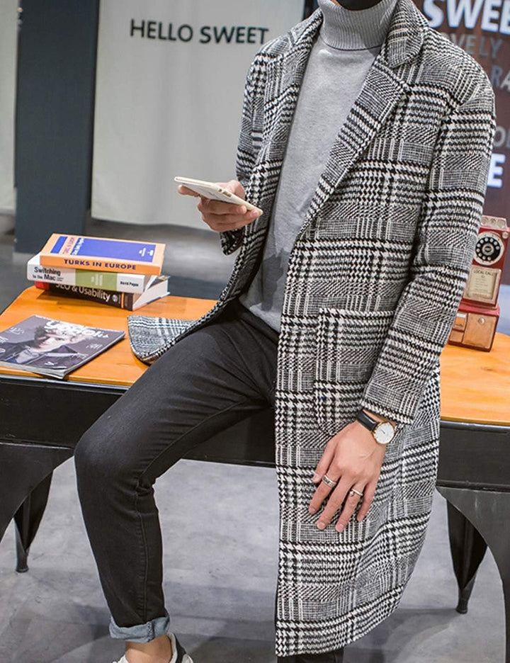 UANEO Herren Winter-Trenchcoat mit eingekerbtem Kragen, einreihig, kariert, mittellang, Peacoat-Über