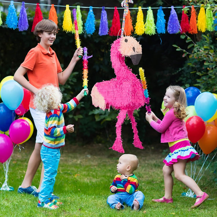 Relaxdays 4 TLG. Pinata Set Flamingo, XXL Sack Metallic Konfetti zum Befüllen, Pinatastock & Augenma
