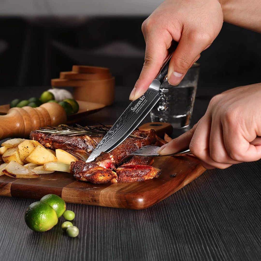 Sunnecko 12,7cm Damast Steakmesser - Profi Damastmesser Damastmesser Scharf Messer mit Ergonomischer