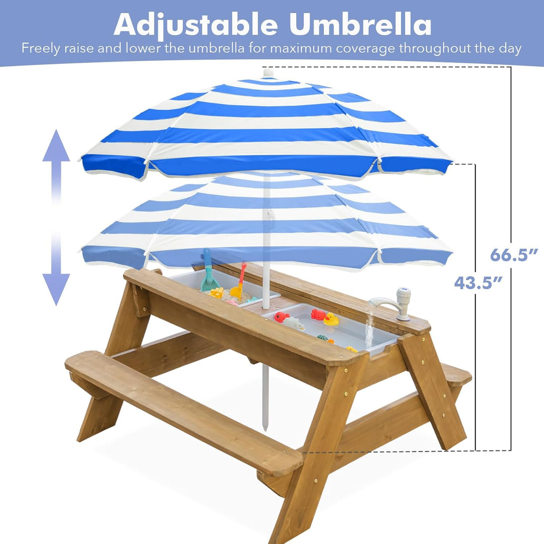 Kids 3-in-1 Sand- und Wasser-Aktivitätstisch, Holz, Outdoor, wandelbarer Picknicktisch mit Regenschi