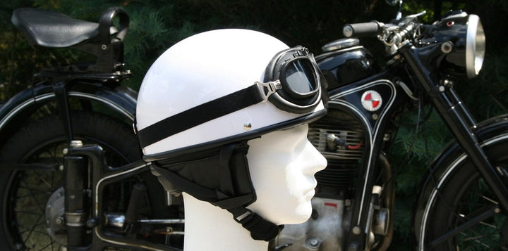 ATO Oldtimer Motorradhelm mit Fliegerbrille in Weiss Grösse M 57 bis 58cm