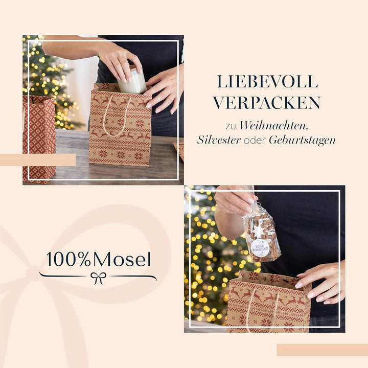 100% Mosel Geschenktüten Weihnachten, in Natur/Rot, 12 Stück (18 x 23 x 8 cm), Weihnachtstaschen aus
