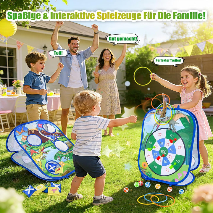 5-in-1 Dinosaurier/Einhorn Wurfspiel Dartboard mit Pfeilen, Sitzsäcken, Bällen, Ringwurf, tragbare O