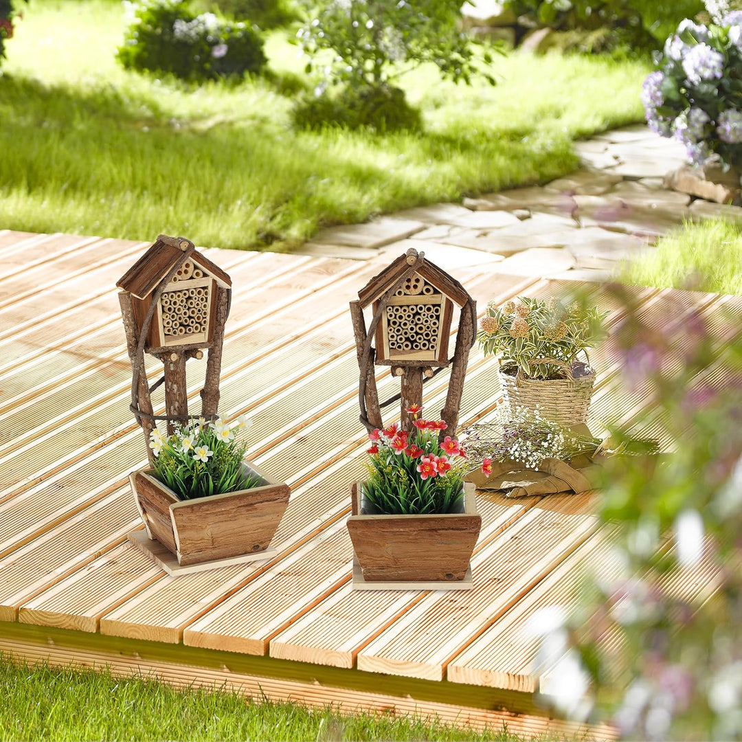 Relaxdays Bienenhotel mit Blumentopf, 2er Set, kleines Insektenhotel, Garten & Balkon, Nisthilfe für