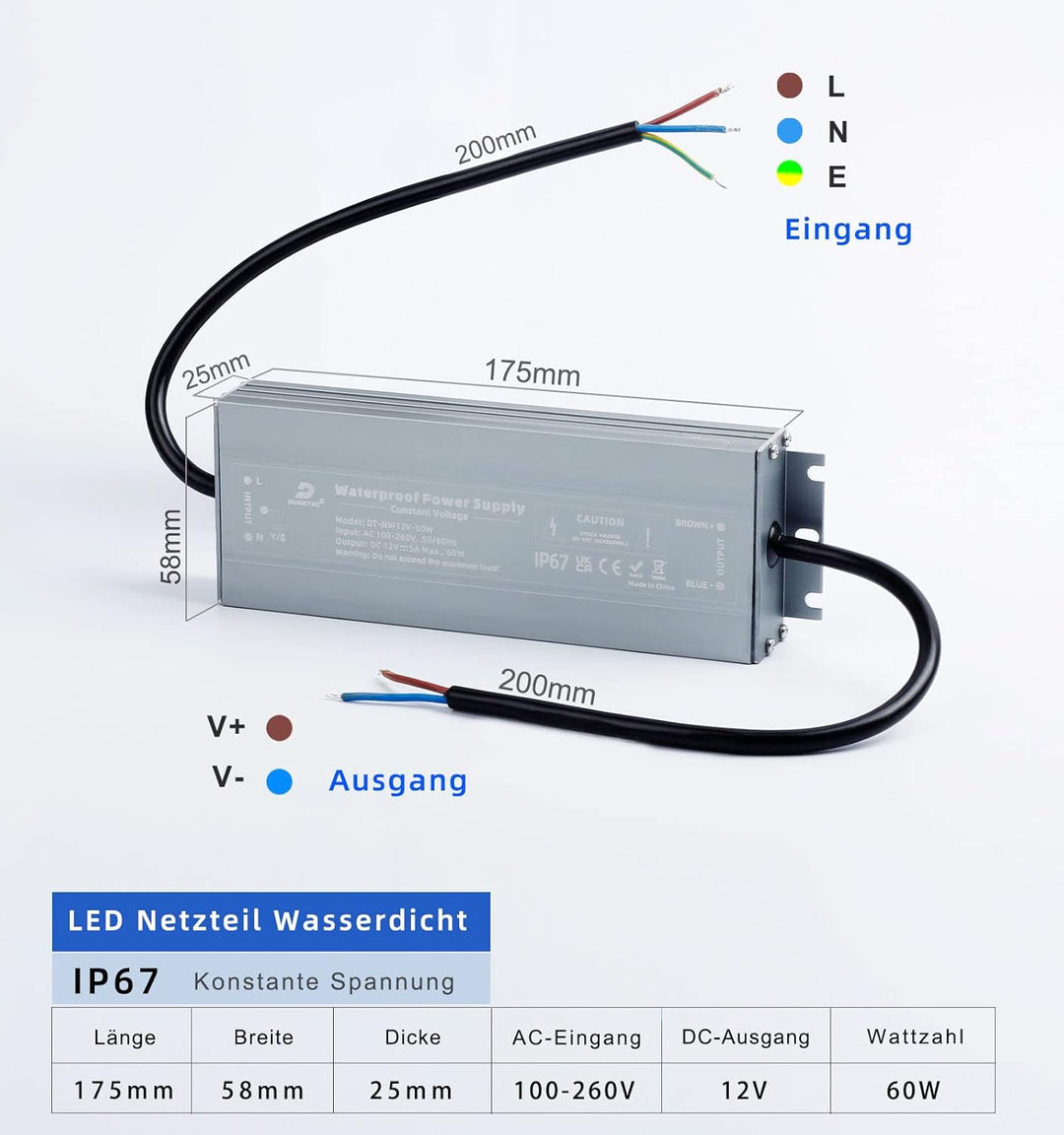 DUSKTEC LED Trafo 12V 60W Netzteil IP67, Wasserdicht Treiber Transformator AC 230V auf DC 12 Volt 5A