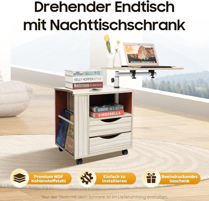 Eieblek Mobiler Beistelltisch Höhenverstellbarer Pflegetisch für Bett mit 4 Rollen, 60×40cm Laptopti