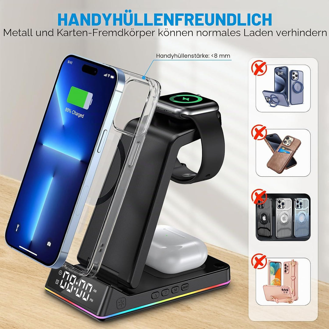 5 in 1 Ladestation Apple Watch und iPhone, Wireless Charger Induktive Ladestation iPhone mit Uhr LED