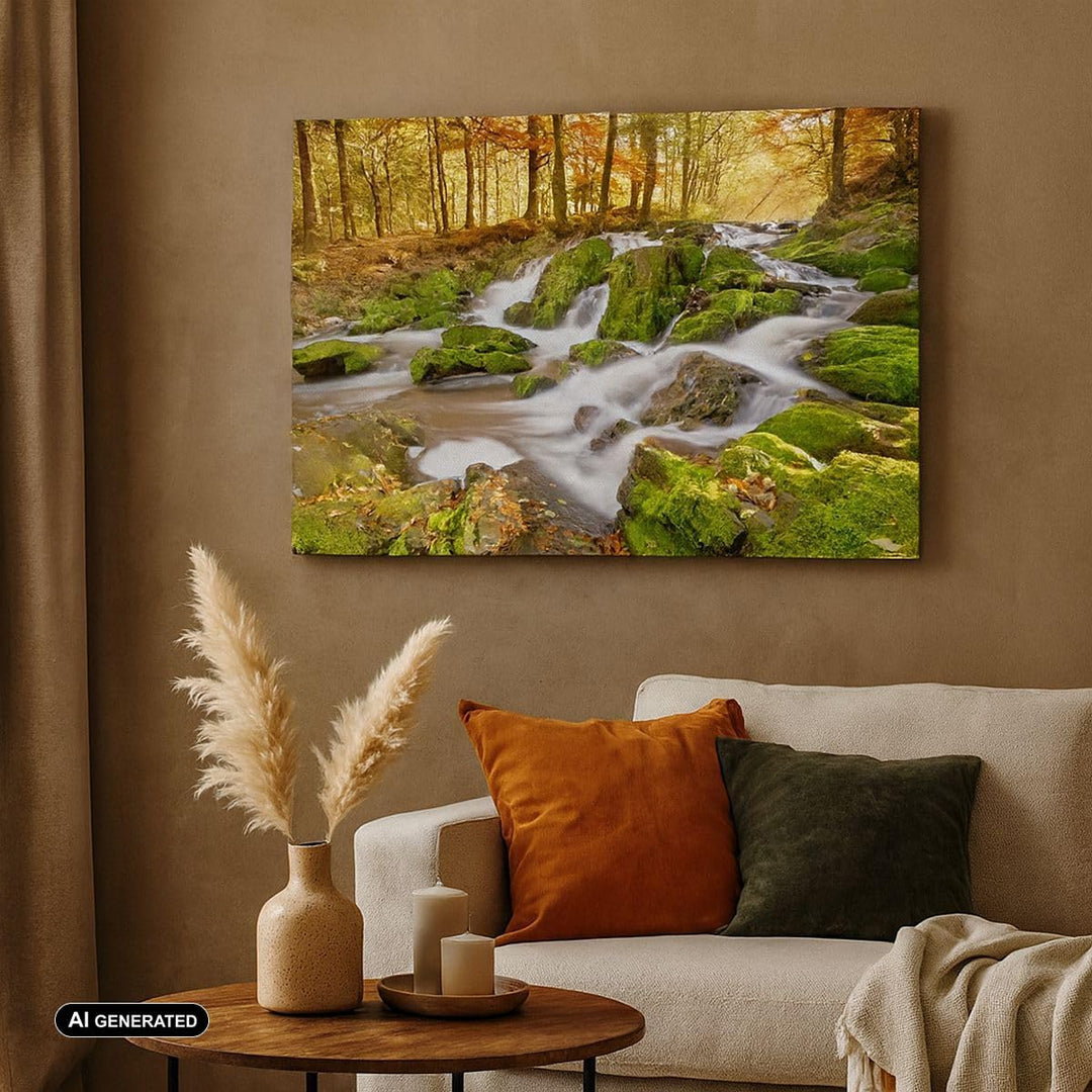 ARTTOR Bilder auf Leinwand 100x70cm Leinwandbild Sonne Berg Bach Park Gross Wanddeko Bild Schlafzimm