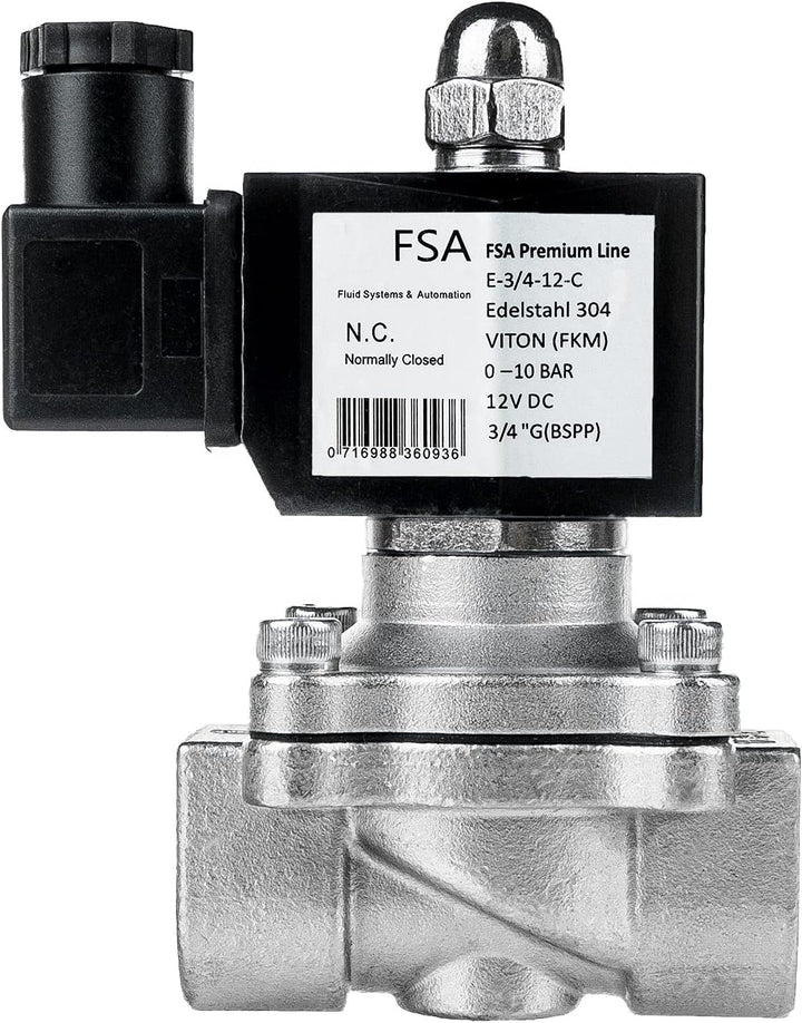 FSA Magnetventil Edelstahl 304 3/4" 12V DC 0-10 bar Viton stromlos geschlossen, 3/4" 12v Dc