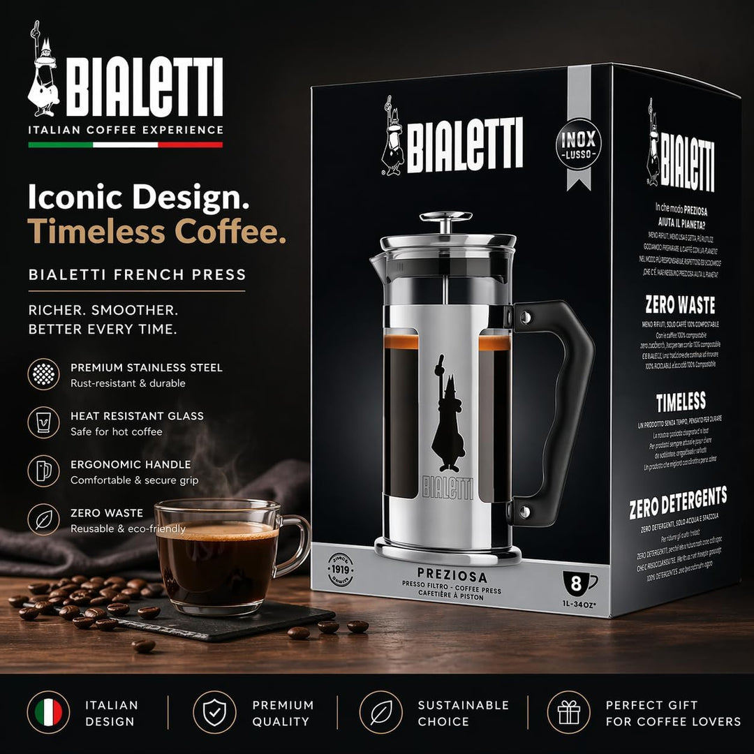 Bialetti Kaffeepresse Preziosa, French Press Filter für Kaffee oder Tee, Gehäuse aus Edelstahl und B