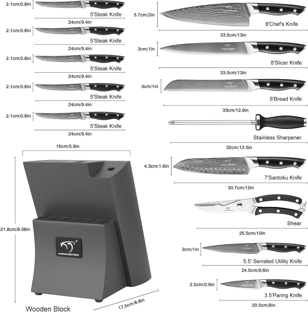 NANFANG BROTHERS 15er Damastmesser Set Damastmesser Set mit Buchenholzmesserblock, Messerblock mit M