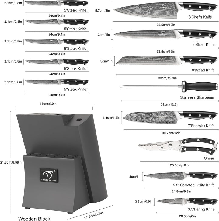NANFANG BROTHERS 15er Damastmesser Set Damastmesser Set mit Buchenholzmesserblock, Messerblock mit M