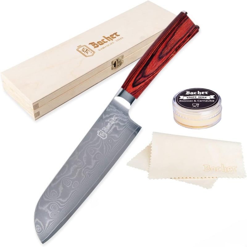Bacher Santoku Damastmesser 18 cm - Damast Küchenmesser Geschmiedet aus 67 Legen AUS 10V - Profi Sch