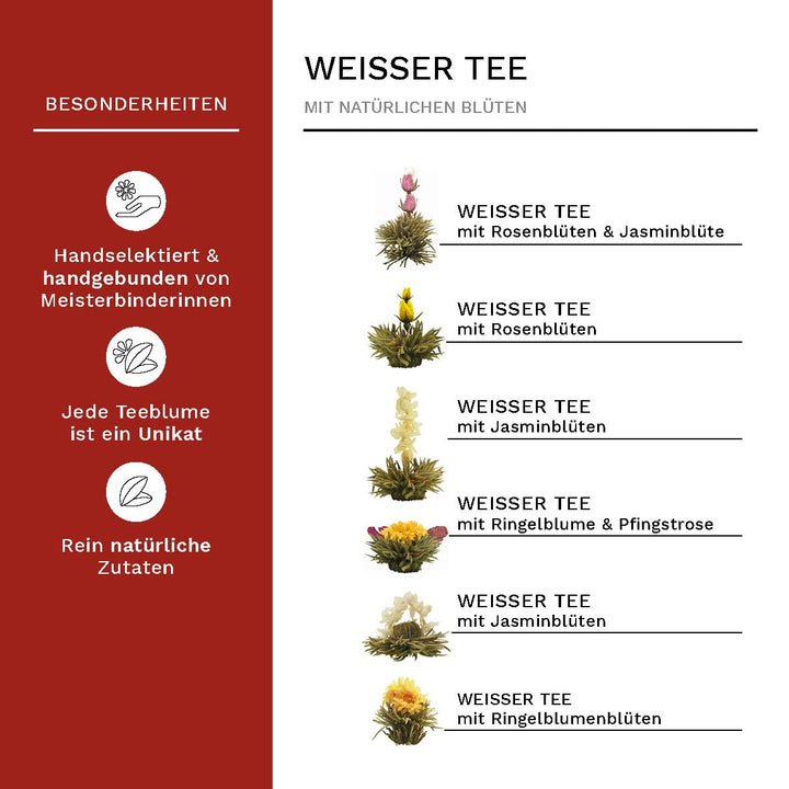 Creano Teeblumen Mix - Geschenkset Erblühtee mit Glaskanne & 2x 250ml Thermogläser - Weisser Tee (in