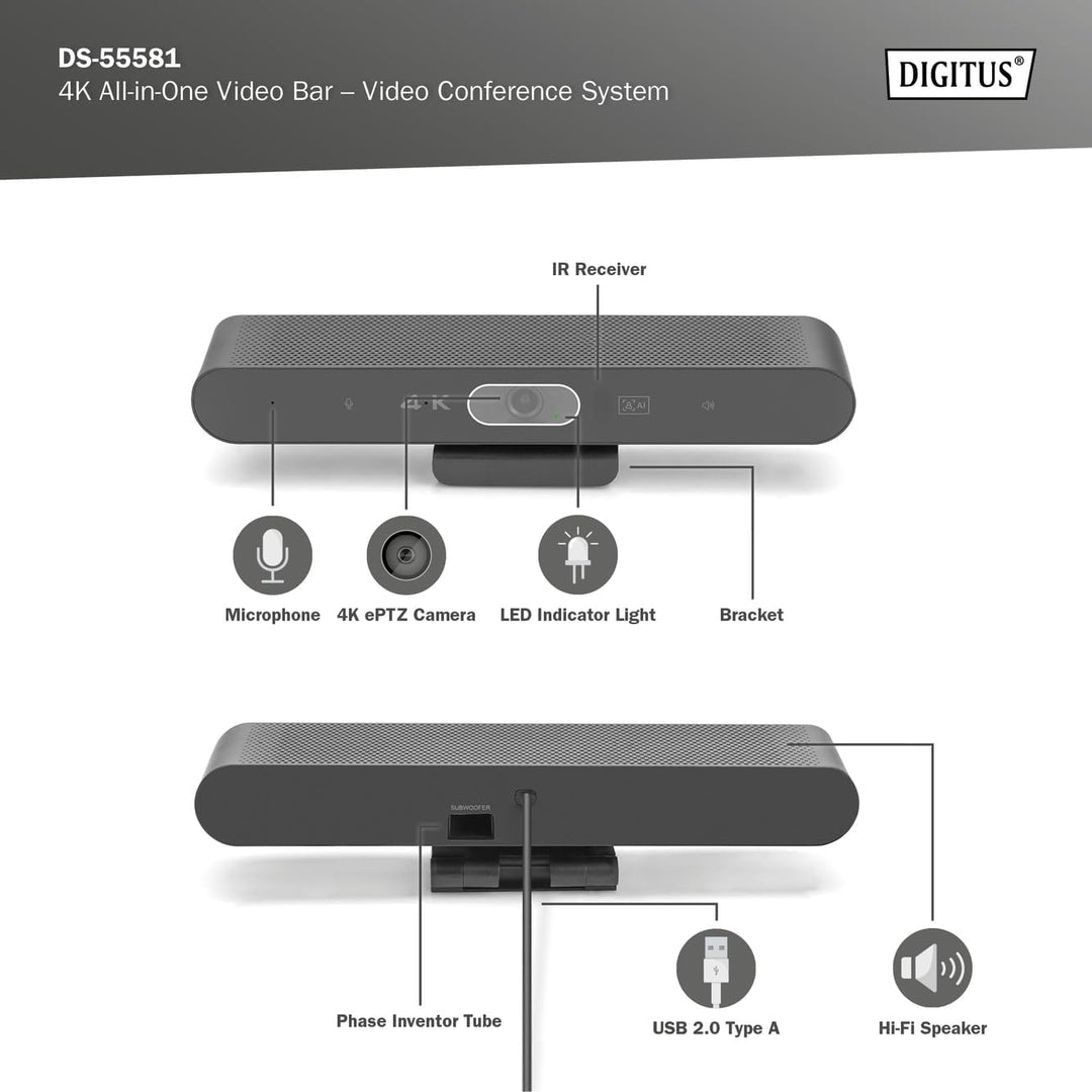 DIGITUS DS-55581 Video Bar Mini, Video-Konferenz-System – 4K UHD 30 Hz ePTZ Webcam Kamera – 2 Intern