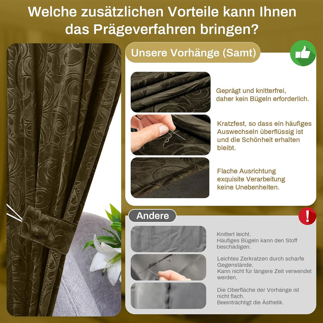 Rosnek 2 Stück Samt Vorhang Blickdicht Kräuselband,H274xB132CM Luxus Vorhänge Schlafzimmer Thermovor