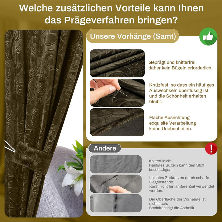 Rosnek 2 Stück Samt Vorhang Blickdicht Kräuselband,H274xB132CM Luxus Vorhänge Schlafzimmer Thermovor
